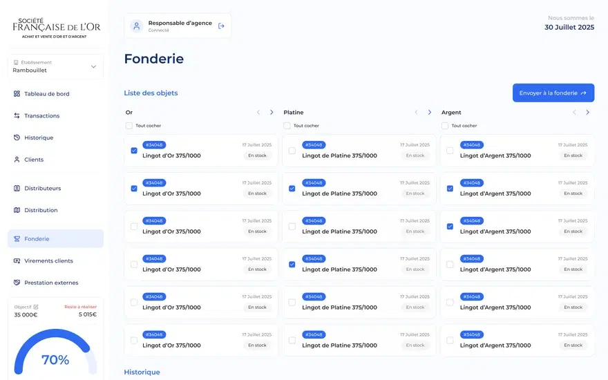 Le module Fonderie de l’app SFOR : lots d’or, de platine et d’argent prêts à expédier.